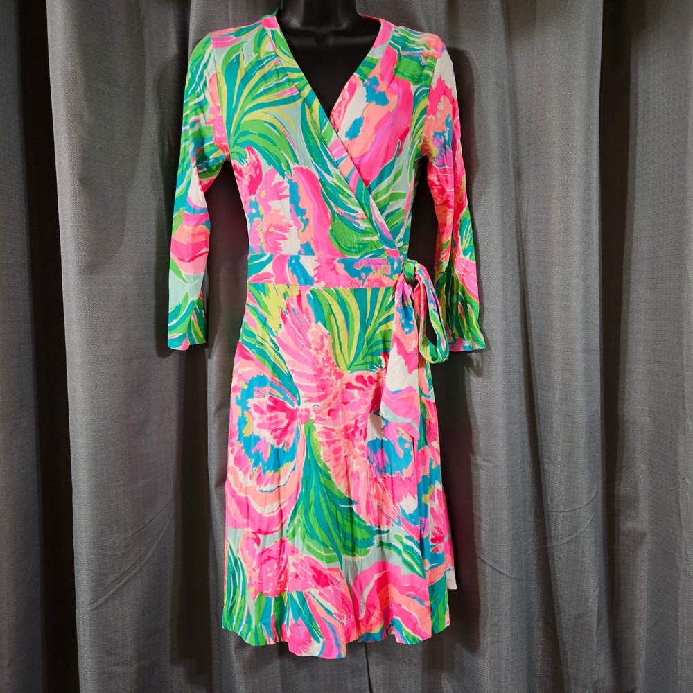 Lilly Pulitzer Womens Pink Green Flamingo Tropical Floral Wrap Dress Size Small